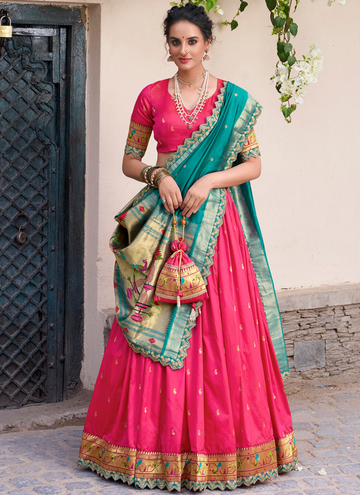 Incredible Pink Zari Weaving Jacquard Silk Paithani Lehenga Choli